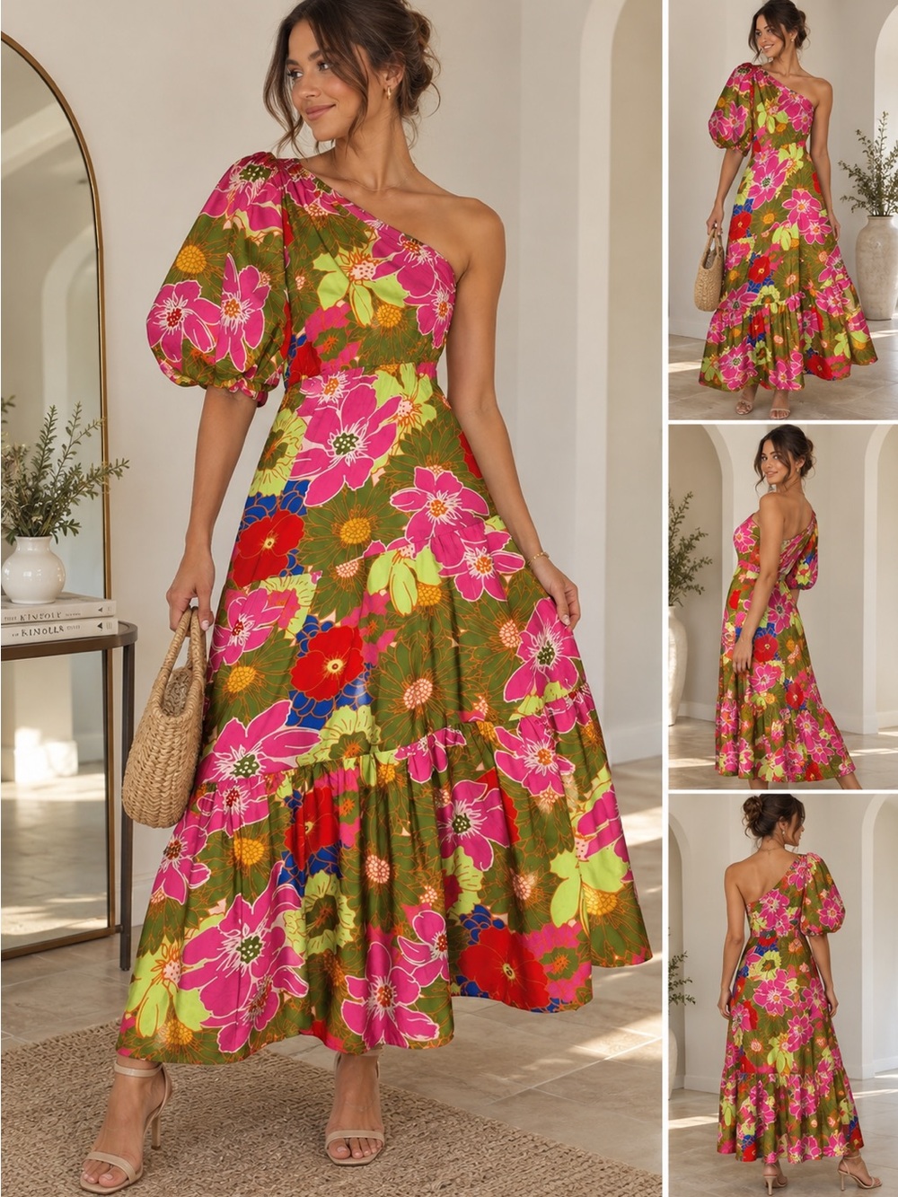Vibrant Floral One Shoulder Maxi Dress - Pink & Olive